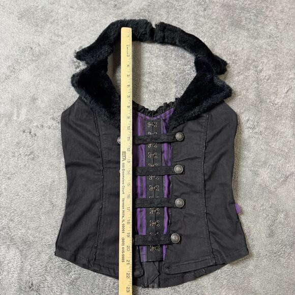 Vintage Tripp NYC Women L Goth Punk Halter Corset Vest Top Faux Fur Collar Black - Picture 8 of 10